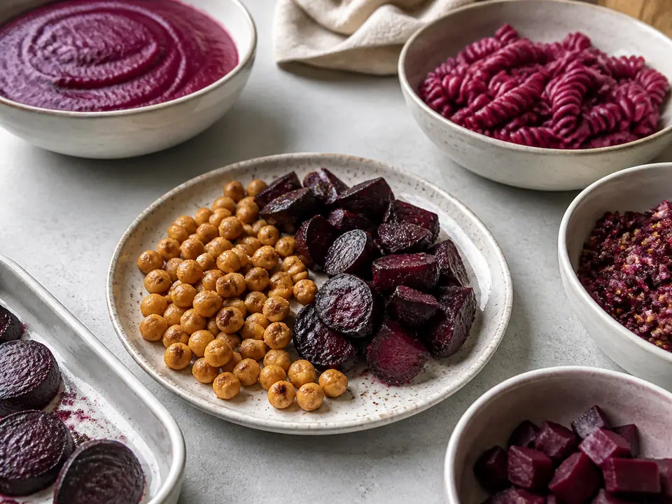 Five beetroot dinners around a plate of roasted wedges