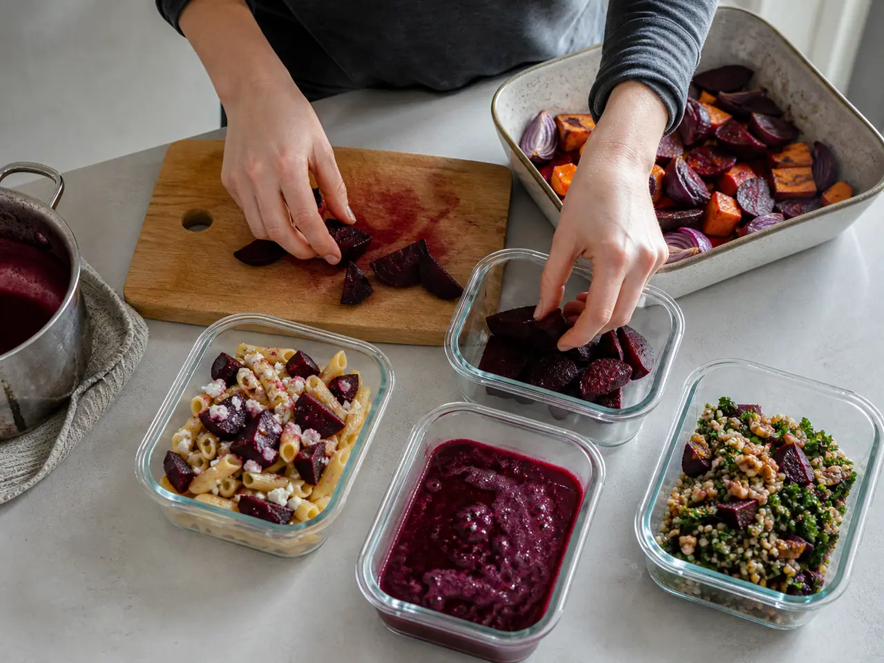 Hands cutting beetroot for roasting soup pasta and grains