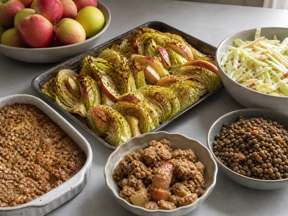 Five apple dinners and bakes around a bowl of sliced apples