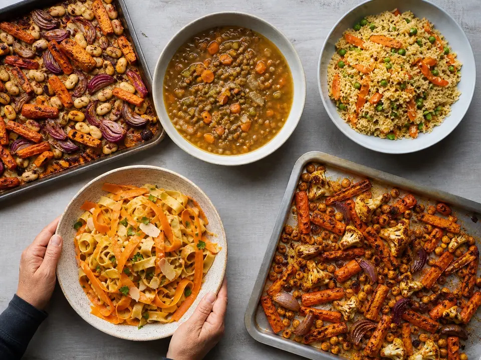 Five carrot dinners arranged around a central bag of carrots