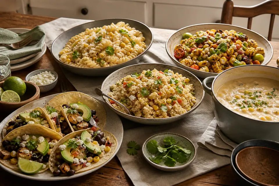 Five summer corn dinners around a platter of grilled ears