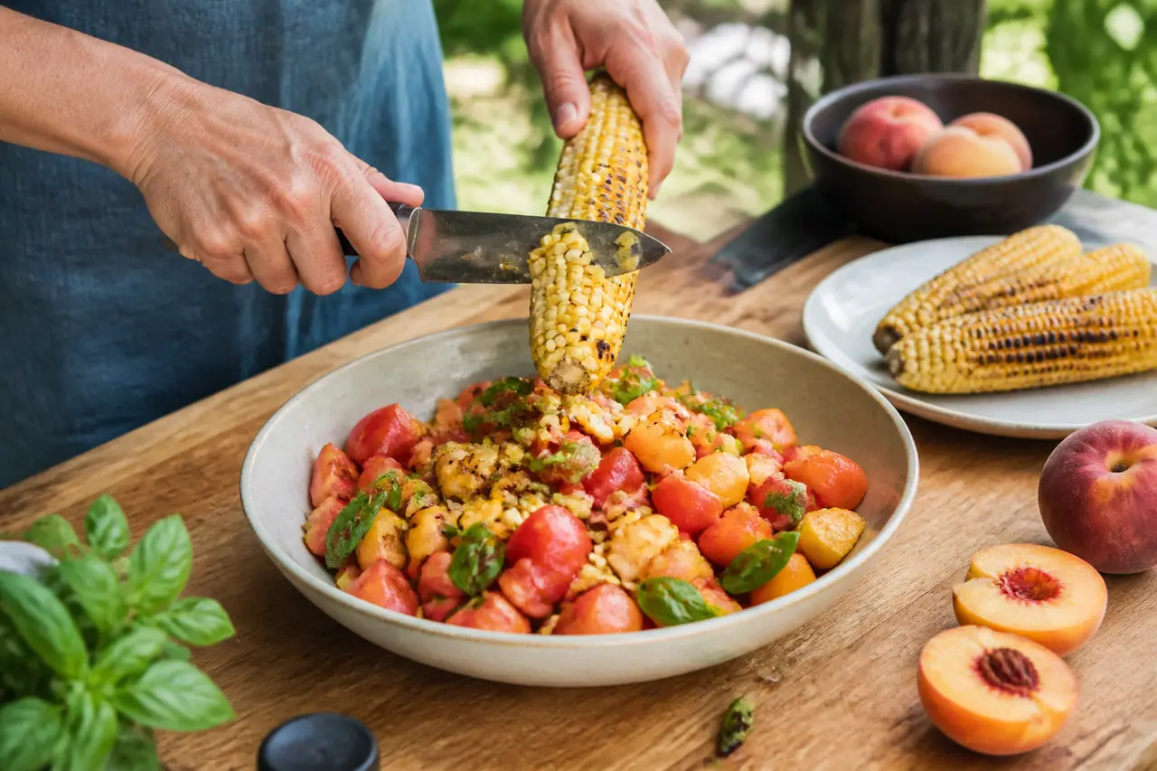 Hands slicing charred corn kernels into a summer salad bowl