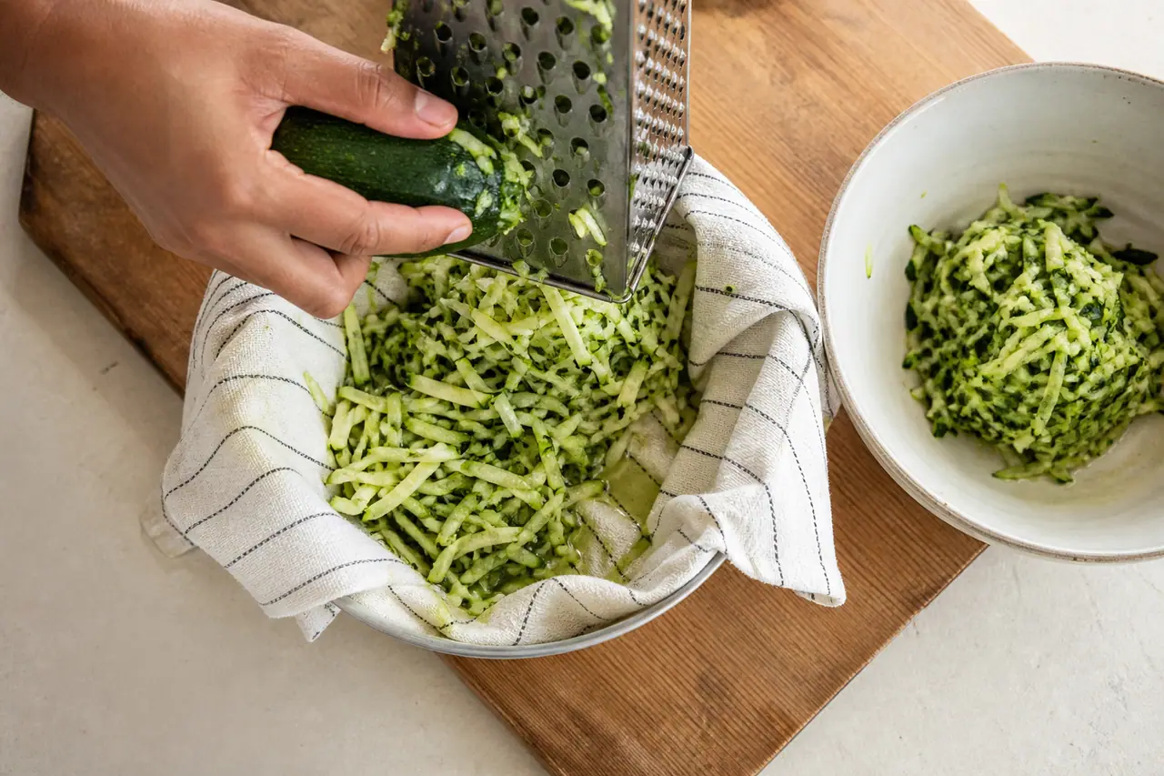 Hand grating courgette over a towel lined bowl
