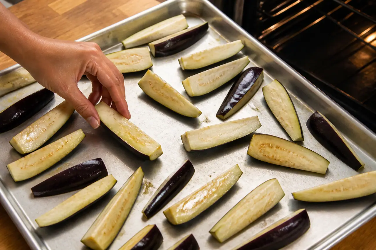Hand arranging aubergine wedges with space on a roasting tray