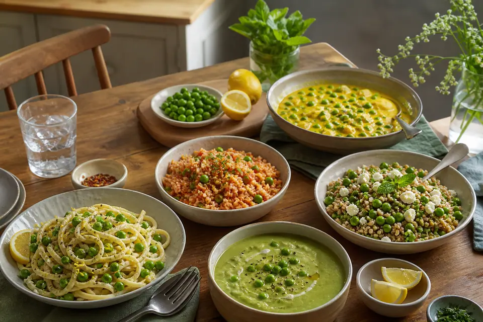 Five weeknight pea dinners arranged around a bowl of frozen peas