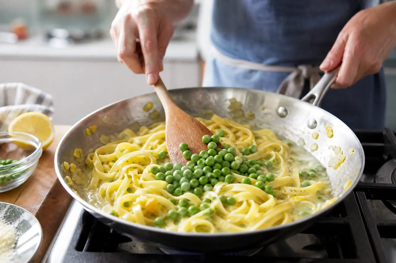 Hands folding frozen peas into a lemon pasta pan sauce