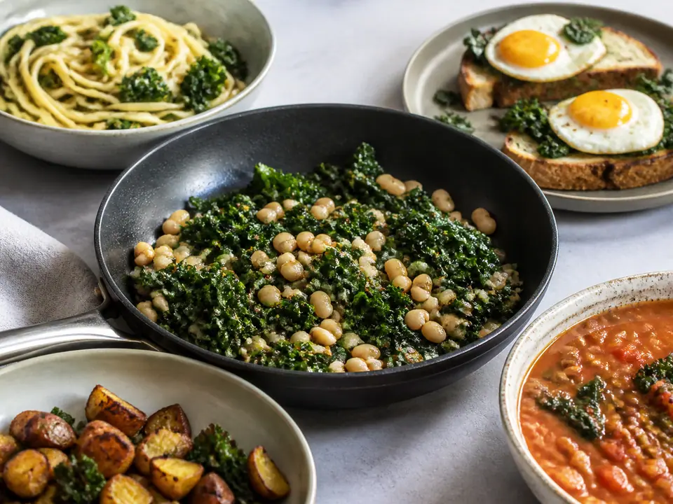 Five kale dinners around a bowl of tender beans and greens