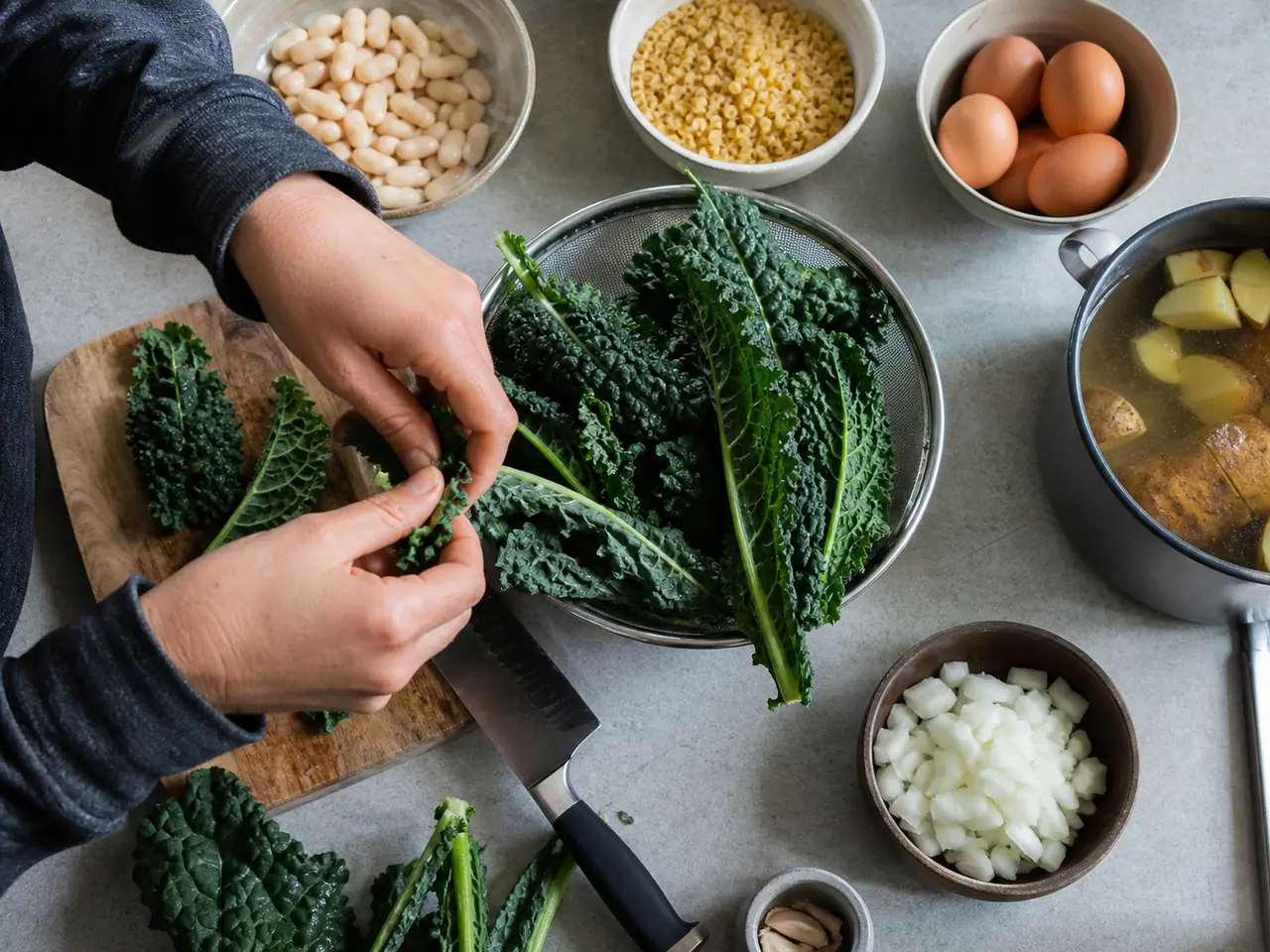 Hands stripping and chopping kale for several dinner ideas