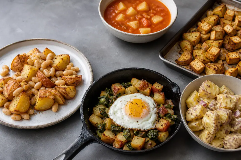 Five potato dinner ideas arranged around a central bowl of roasted potatoes