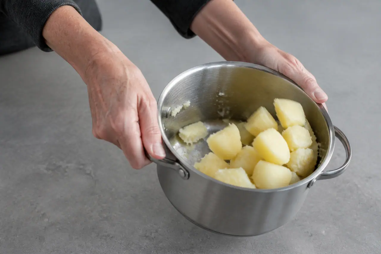 Hands shaking parboiled potatoes to roughen their edges before roasting