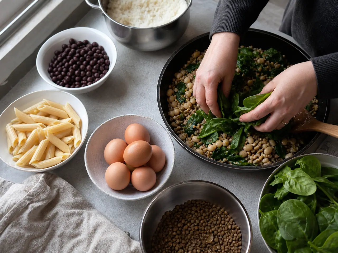 Hands folding spinach into five different dinner preparations