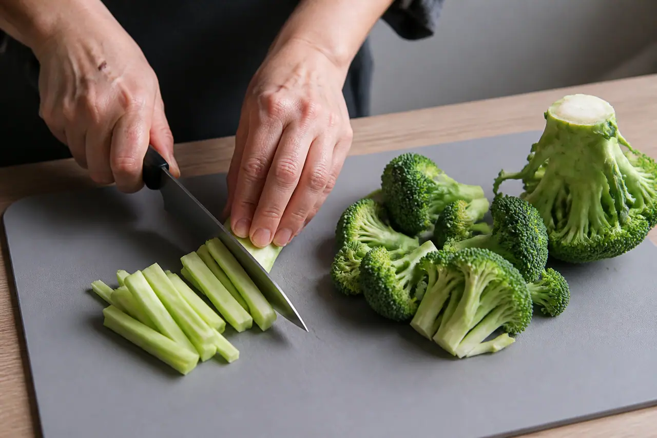 Hands cutting broccoli stalk into thin batons beside separated florets