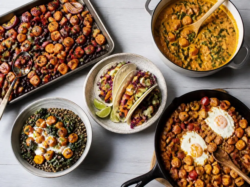 Five sweet potato dinners arranged around a roasted tray