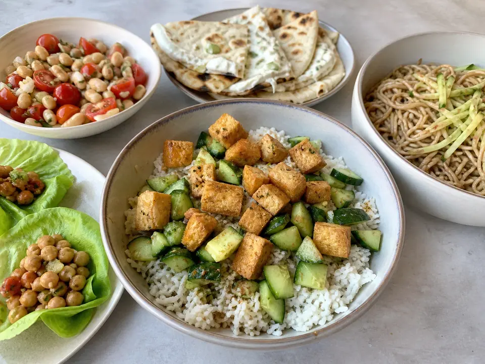 Five fresh hot-day dinners around a bowl of cucumber and tofu