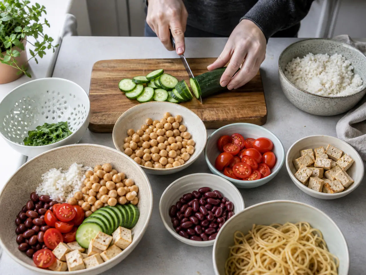 Hands cutting cucumber and assembling five cool dinner components