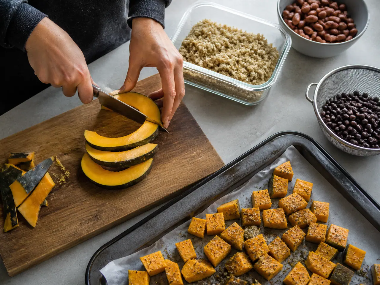 Hands cutting and seasoning squash for five cold evening dinners