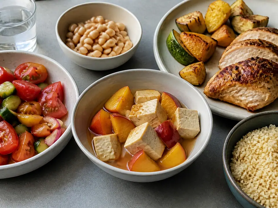 Five summer peach dinners around a plate of ripe sliced peaches