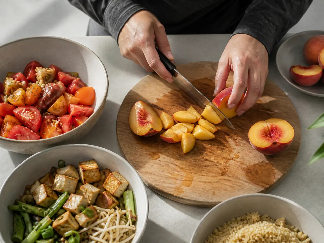 Hands slicing ripe peaches for fresh summer dinners