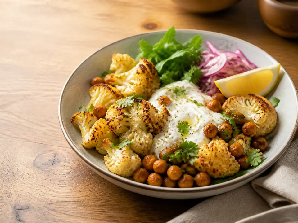 Five cauliflower dinner ideas arranged around a roasted cauliflower bowl