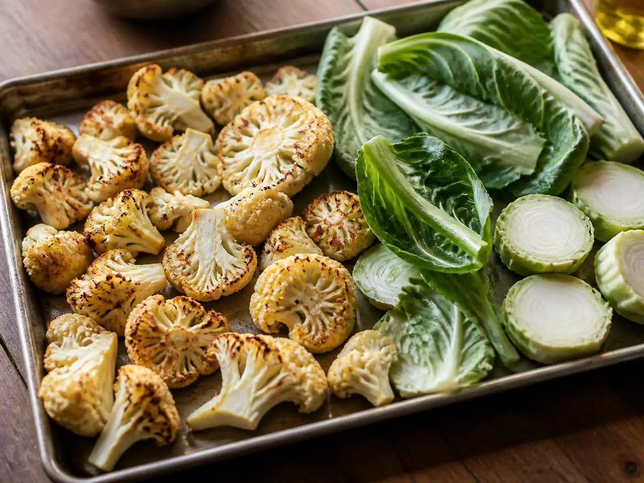 Roasted cauliflower, chickpeas and sliced stalk being plated with yogurt