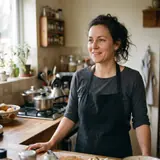 Maren Ashby in her kitchen, in a dark apron, looking away from the camera