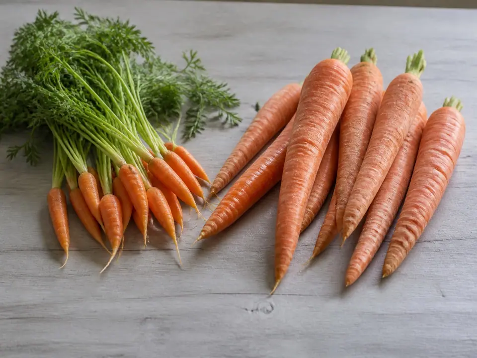 Baby carrots and full-size carrots arranged side by side
