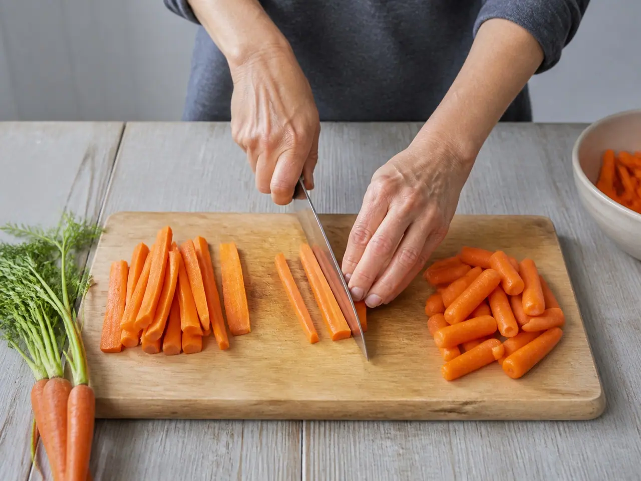 Hands cutting full-size carrots beside trimmed baby carrots