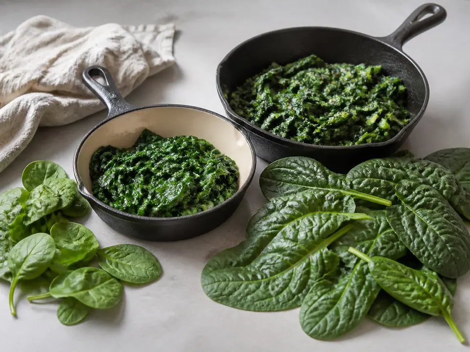 Baby and mature spinach leaves beside a warm dinner pan