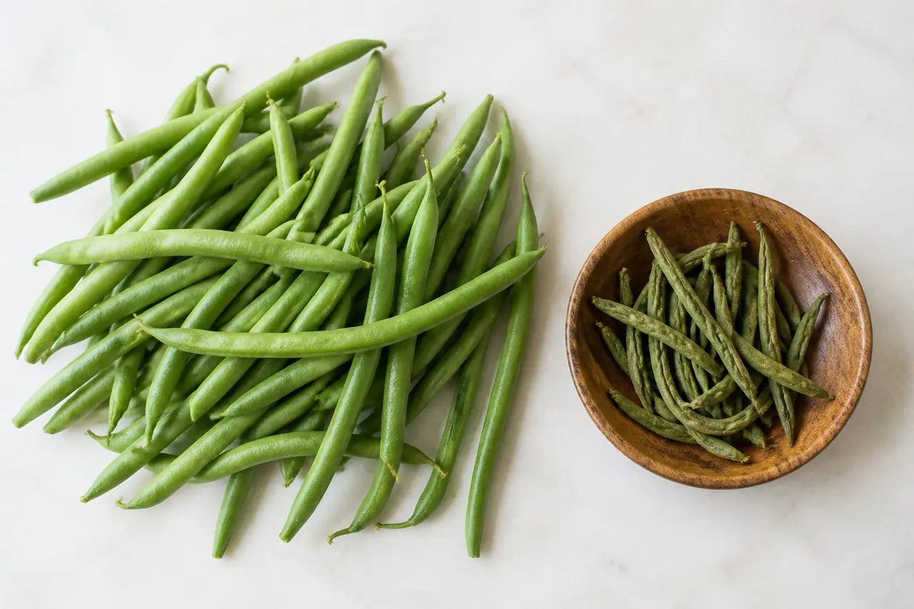 Smooth firm green beans beside wrinkled older beans on a counter