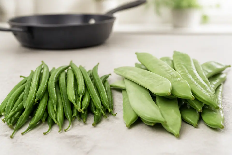 Fine green beans and broad runner beans side by side