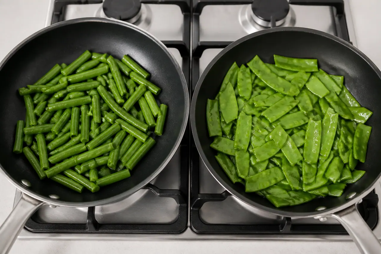 Fine beans and runner beans cooking in separate skillets