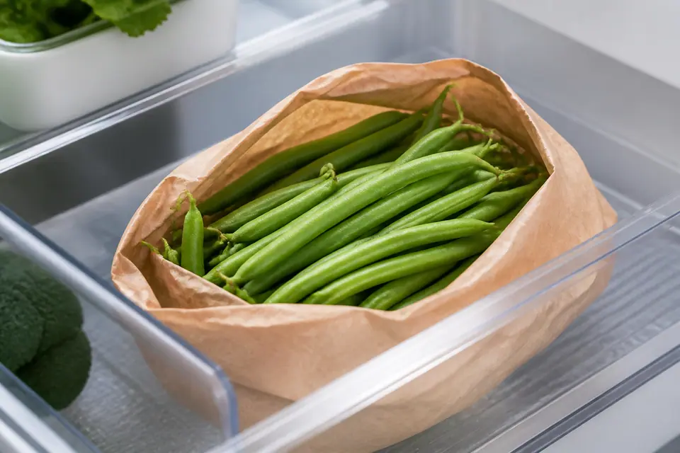 Unwashed green beans in a breathable paper bag in a fridge drawer