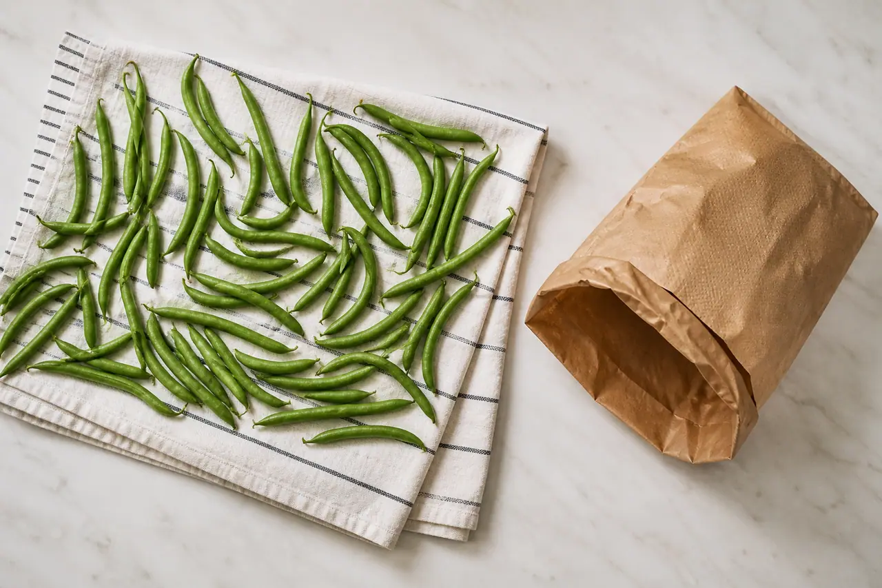 Green beans drying on a tea towel beside a breathable paper bag