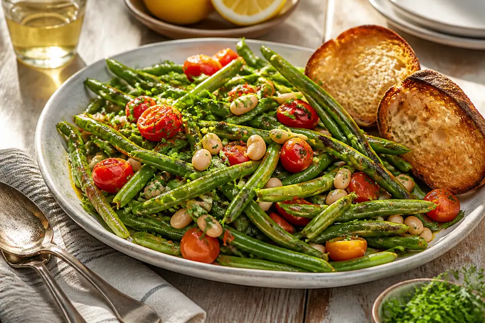 Blistered green beans with tomatoes white beans lemon and herbs