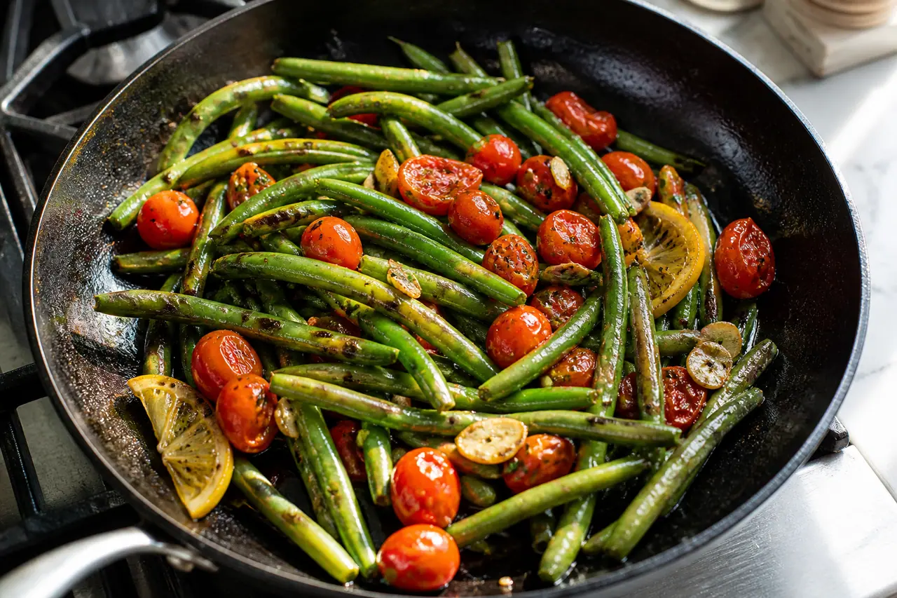 Green beans blistering with cherry tomatoes and garlic in a skillet