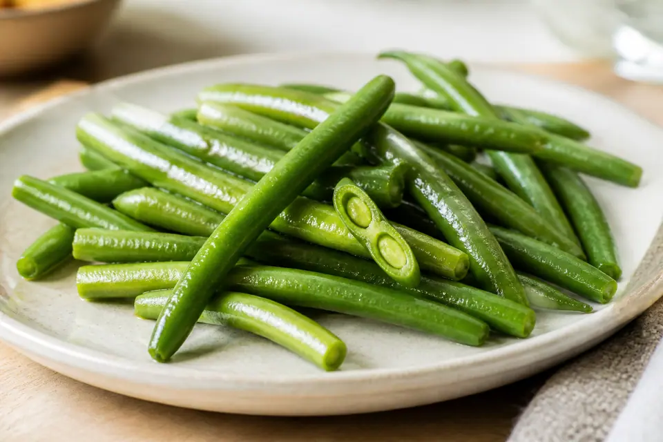 Bright green beans with a snapped pod showing a firm interior