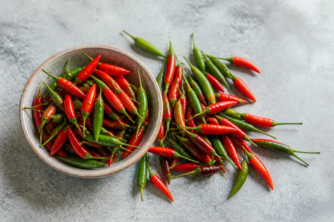 Red and green bird's eye chillies scattered beside a small bowl