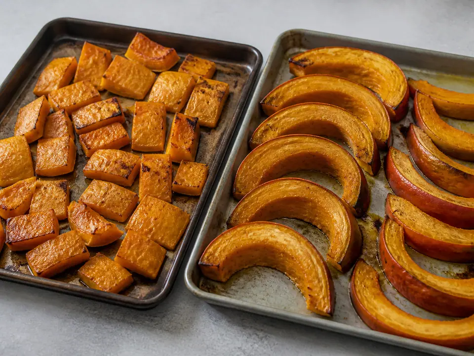 Roasted butternut squash and pumpkin wedges side by side