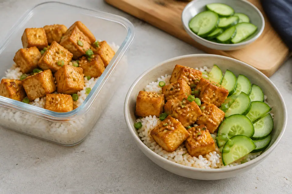 Reheated tofu and rice bowl with fresh cucumber beside a freezer container