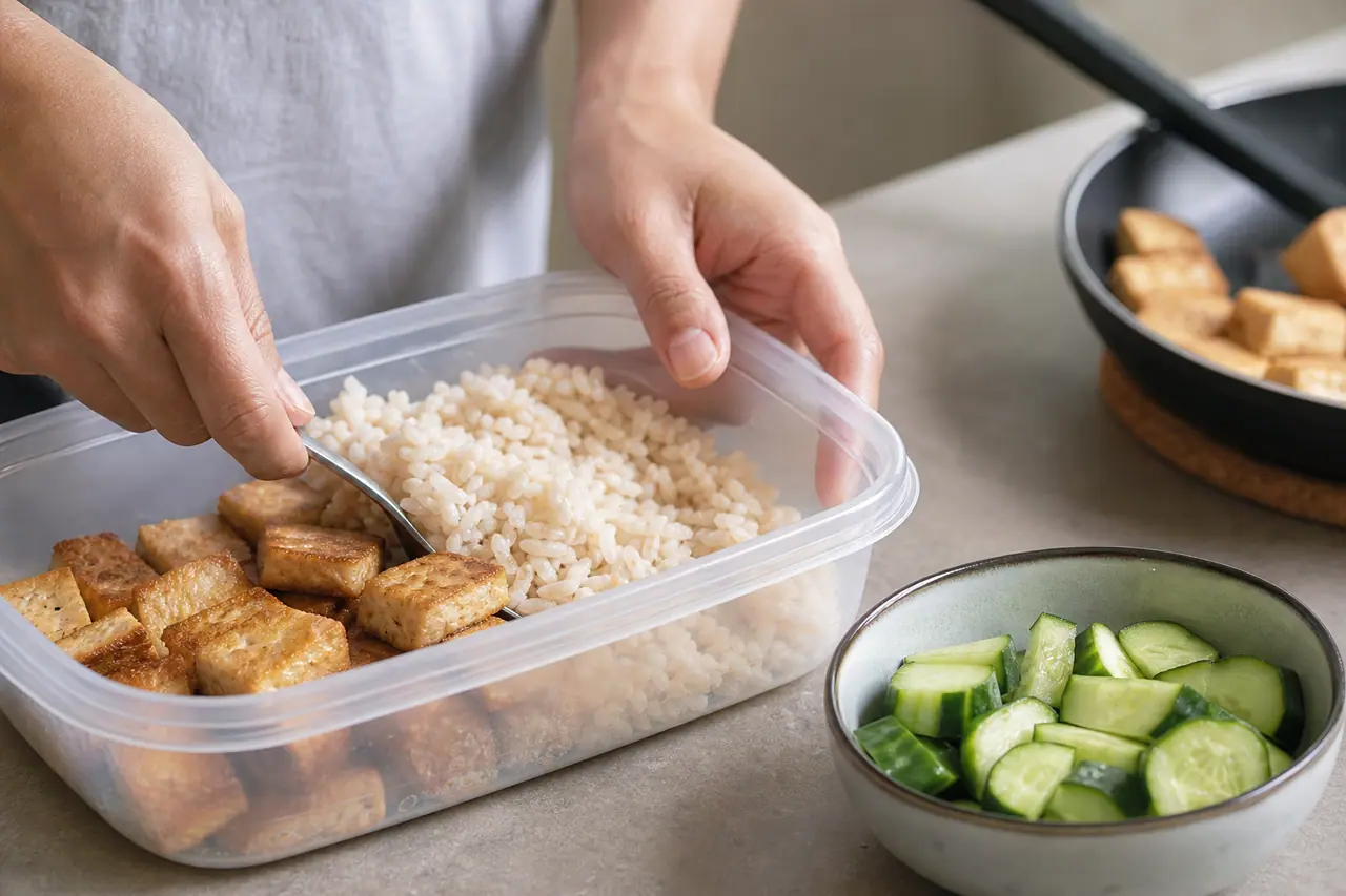Hands packing cooled crisp tofu and rice into a shallow freezer container