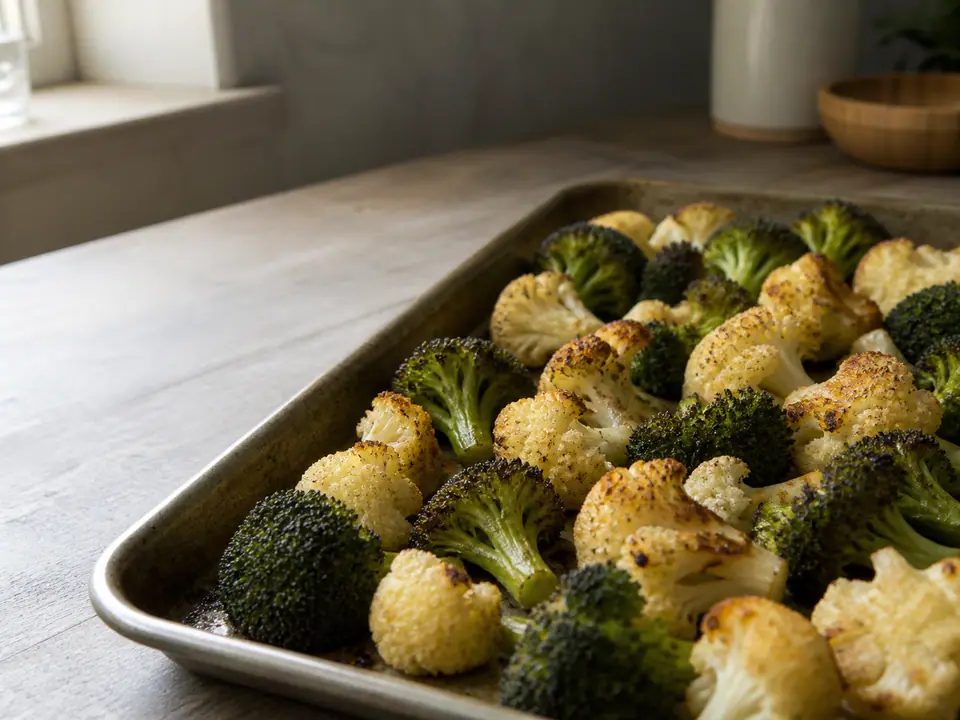 Roasted cauliflower and broccoli florets on a shared baking tray