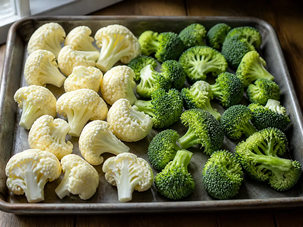 Cauliflower and broccoli florets being spaced across a metal roasting tray