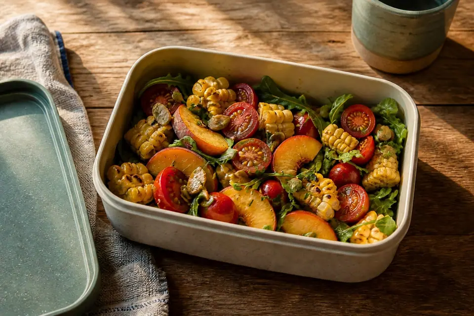 Packed lunch salad with corn tomatoes peaches seeds and lemon dressing