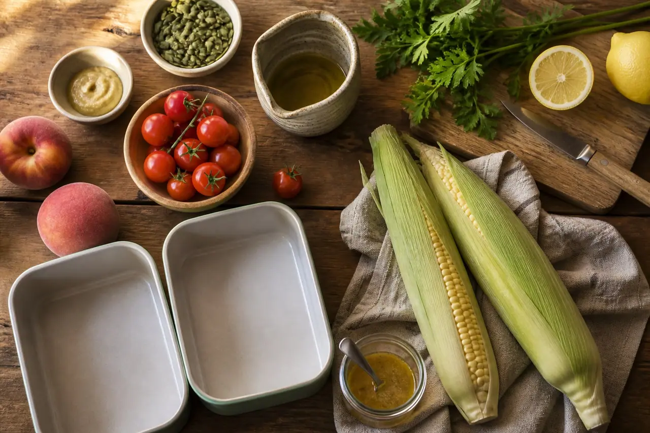 Lunch box ingredients corn tomatoes peaches seeds parsley lemon oil and mustard