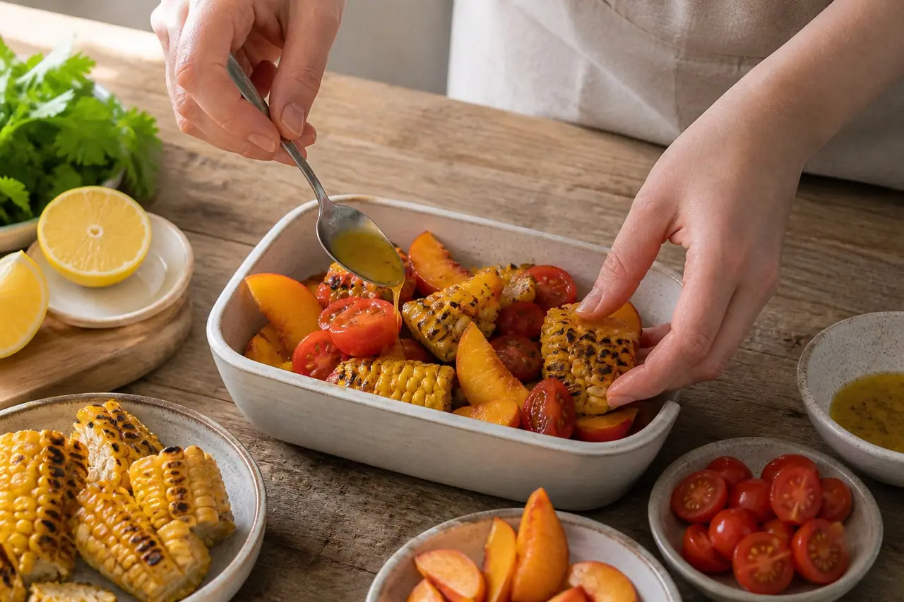 Hands tipping toasted pumpkin seeds onto a plate beside summer salad ingredients