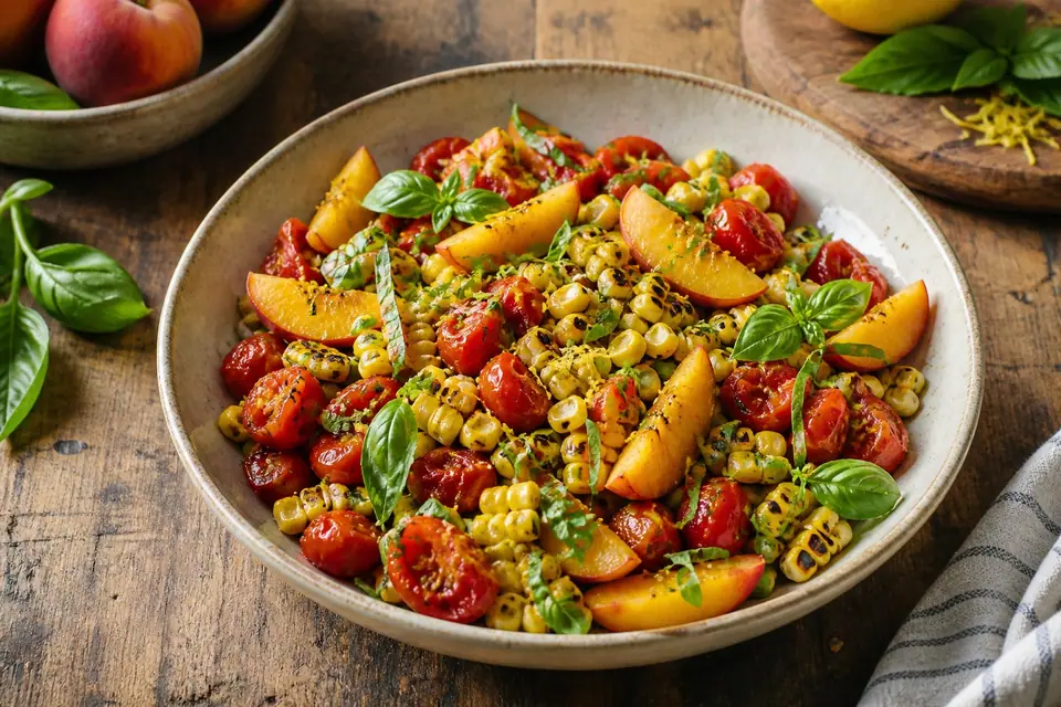 Thawed corn and tomato salad finished with fresh peach and basil