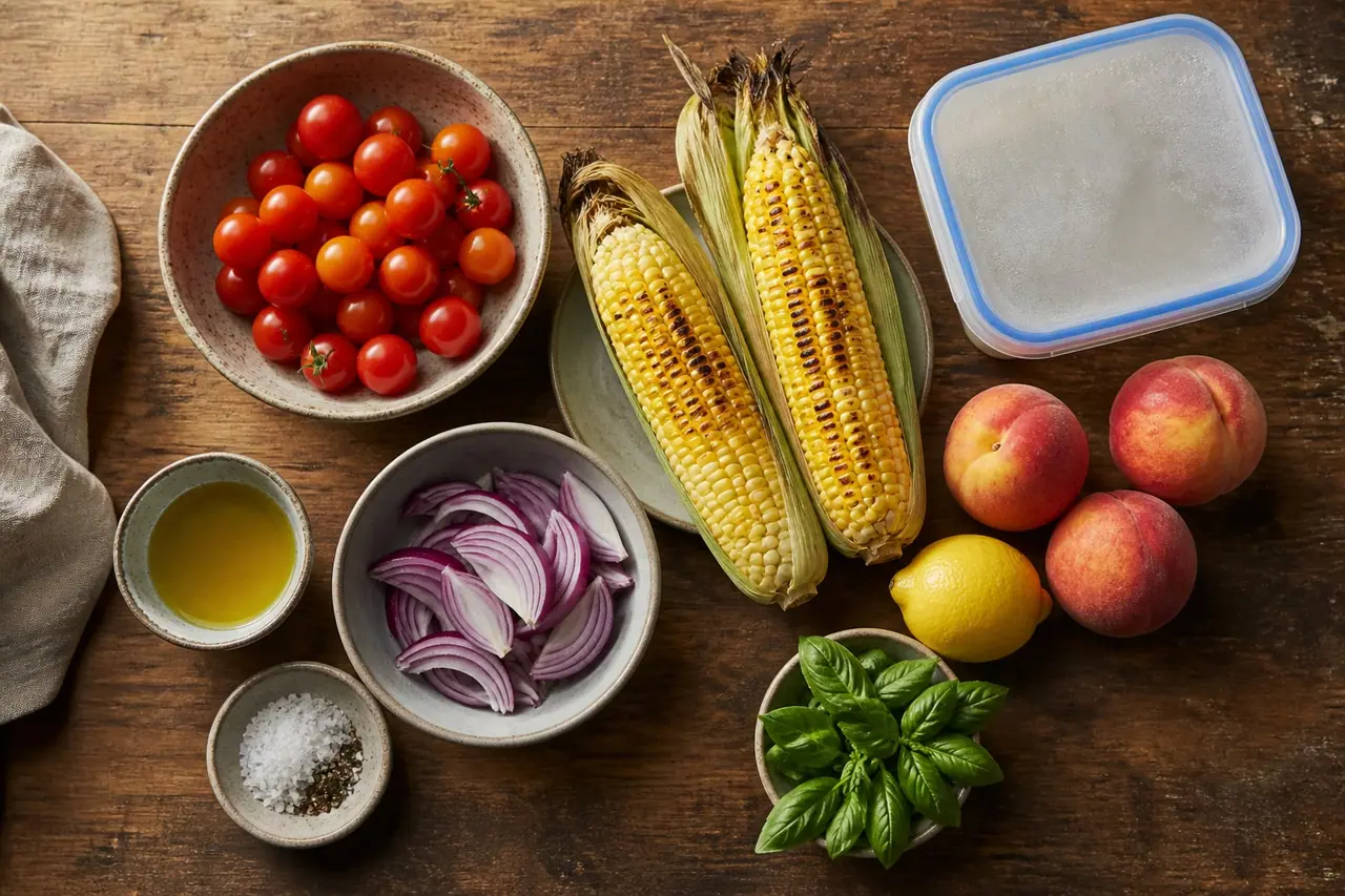 Tomatoes corn peaches red onion lemon herbs and oil for freezer salad