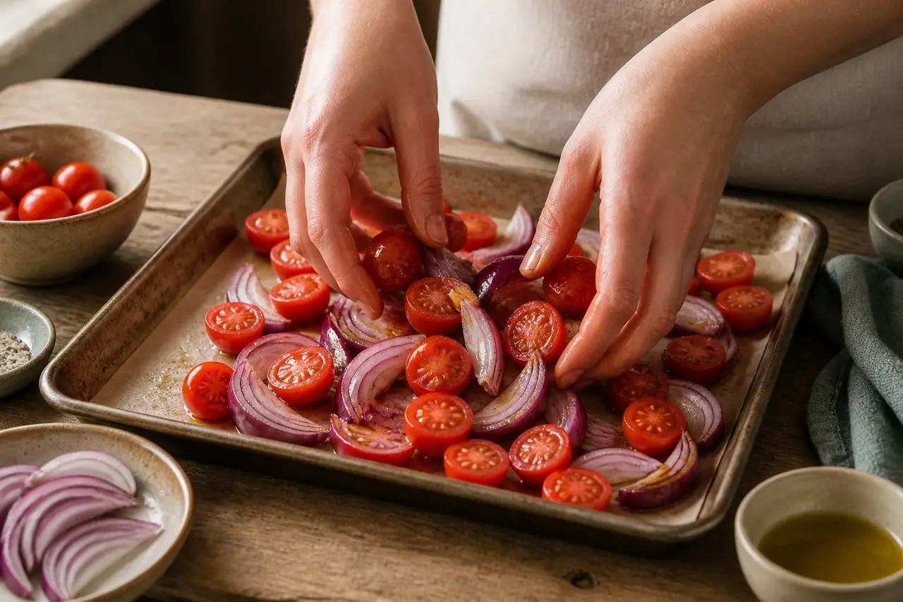 Hands tossing halved tomatoes red onion and oil on a roasting tray