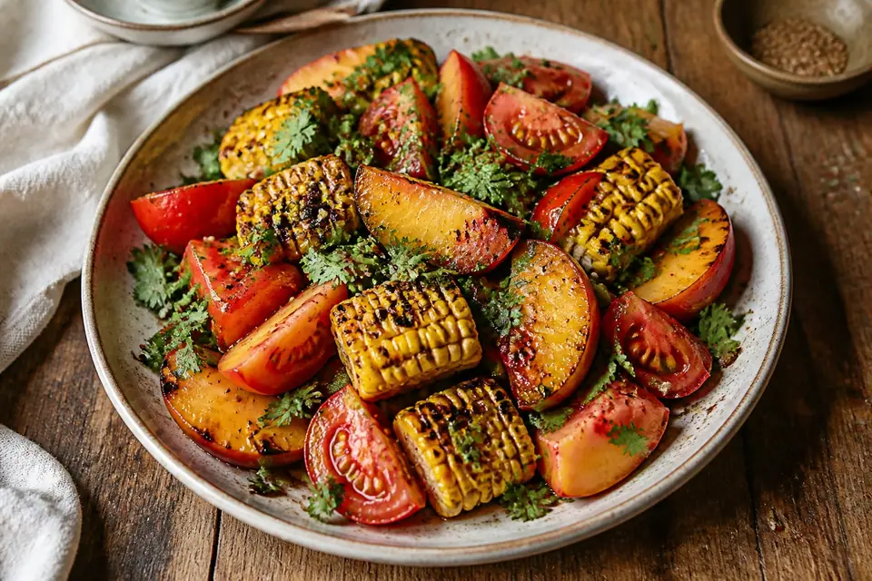 Charred corn peach tomato salad with red chilli oil and herbs