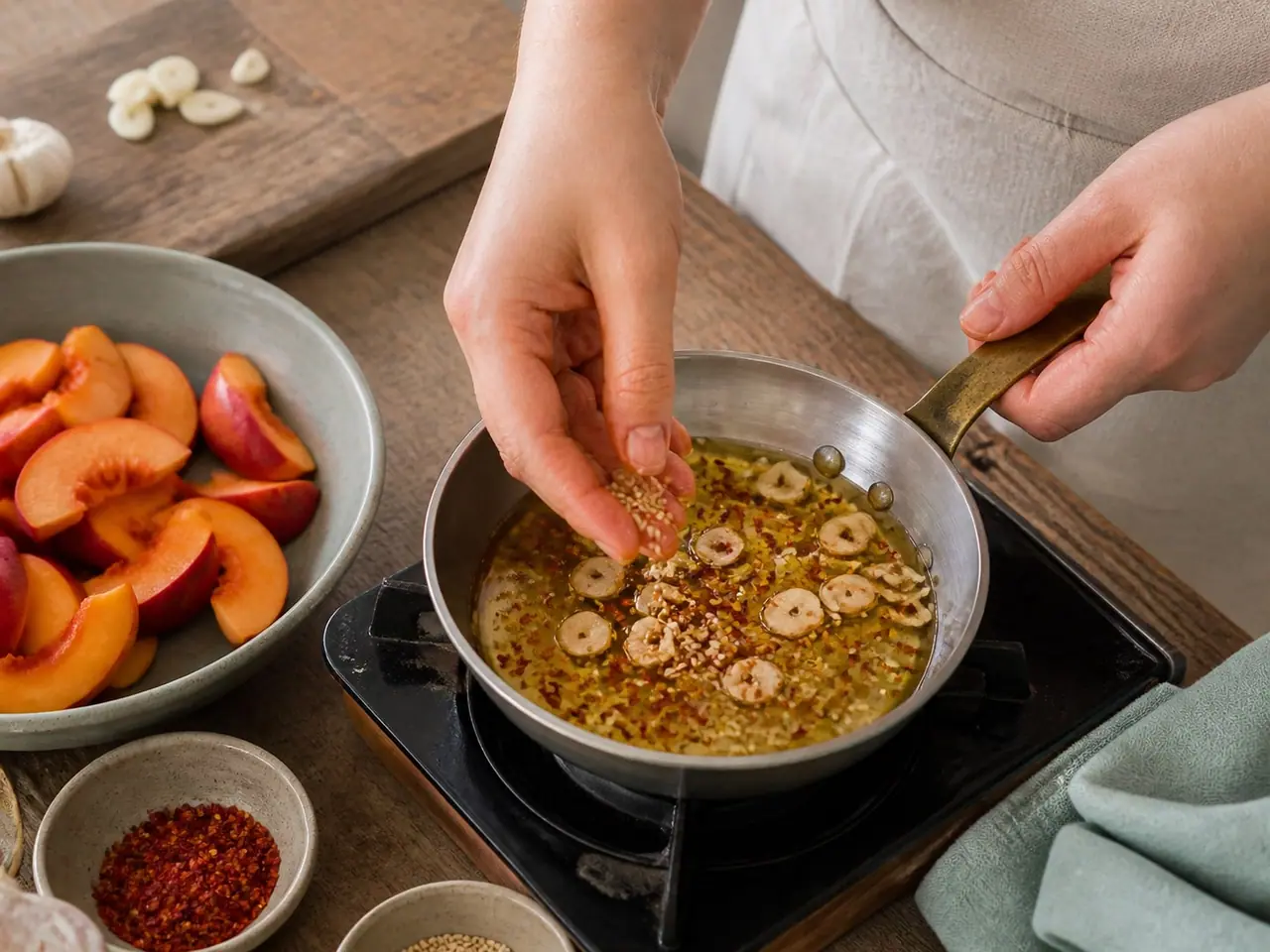 Warm chilli oil with sliced garlic sesame and flakes beside sliced peaches